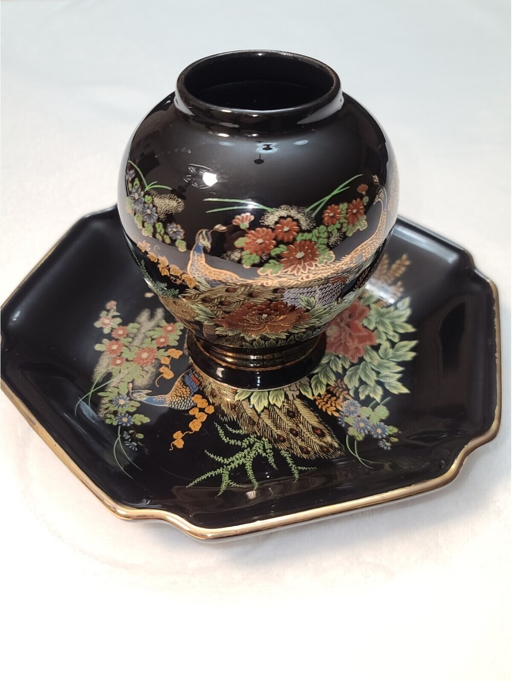 Vintage Japanese Porcelain Vase & Plate Set Peacocks Zen Garden Small Black